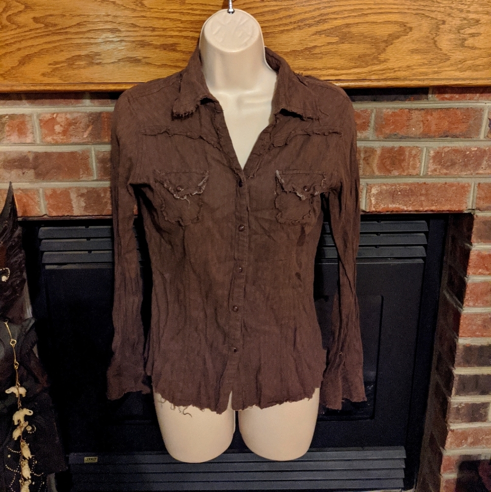 Girl crazy distressed brown button down shirt S